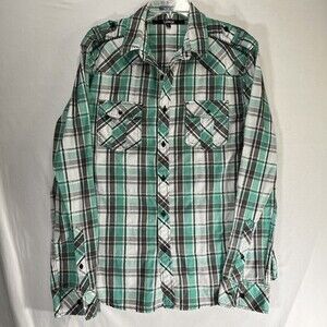 Carbon Slim Fit Mens Green Plaid Embroidered Stitch Western Shirt Large